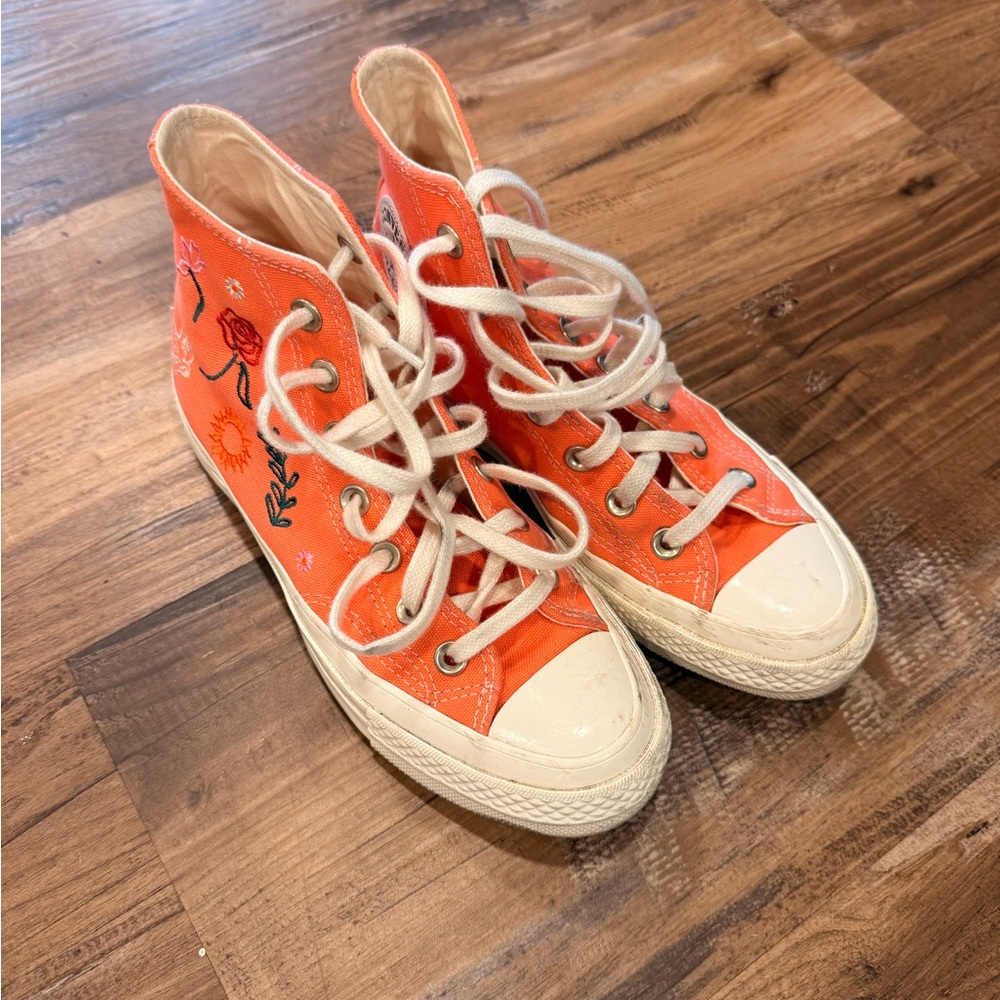 Orange High-Top Converse All Stars with Floral Design